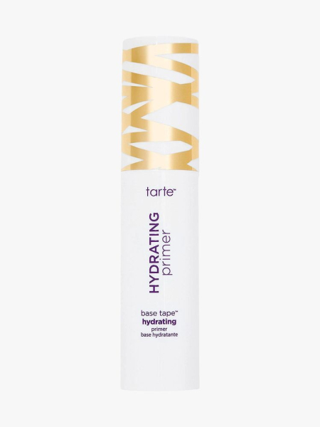 Tarte Base Tape Hydrating Primer white bottle with white cap with gold stripes on light gray background